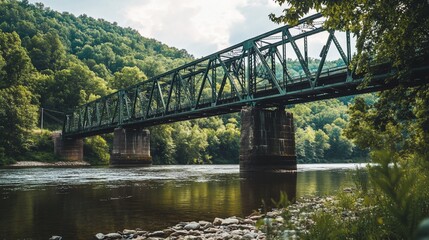Fototapeta premium Green metal bridge spanning a river, surrounded by lush green foliage and hills.