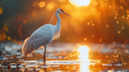 Close up of brightly colored herons wading as the morning sun rises