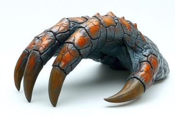 Here's a 10-word description: Cracked, bronze-colored monster claw; sharp talons,