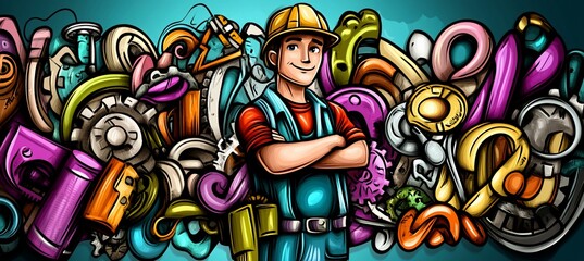 Obraz premium Happy worker amidst colorful tools and gears.