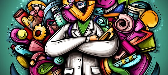 Obraz premium Colorful doodle illustration of a doctor surrounded by medical objects.