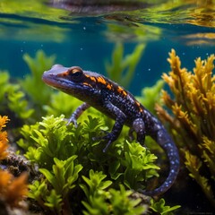 Fototapeta premium Underwater View of a Smooth Newt Swimming Among Aquatic Plants