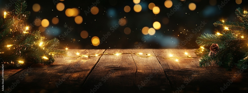 Poster festive wooden table with christmas tree branches and fairy lights against a bokeh background.