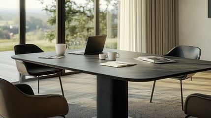 A sleek modern reading table with a laptop, a book, and a cup of coffee in a bright workspace