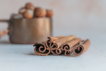 Shot of a vintage pot with hazelnuts, complemented by cinnamon sticks. Ideal for kitchenware catalogs, rustic-themed decor, or food photography promotions.