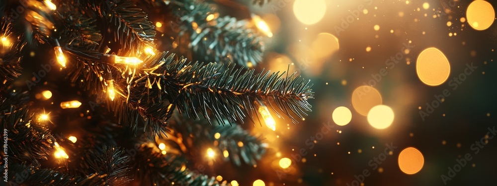 Poster Close-up of illuminated Christmas tree branch with bokeh lights.
