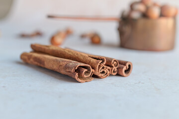 Shot of a vintage pot with hazelnuts, complemented by cinnamon sticks. Ideal for kitchenware catalogs, rustic-themed decor, or food photography promotions.