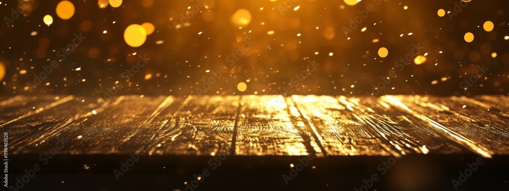 Poster golden bokeh lights illuminating rustic wooden surface.