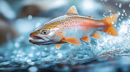 A single salmon fish, its light pink body shimmering with the slightest gleam of orange, leaping dynamically from crystal-clear ocean-blue water. Suitable for marketing or business purposes