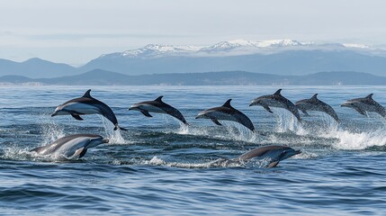 Obraz premium Pod of dolphins leaping from ocean waves, mountains in background.