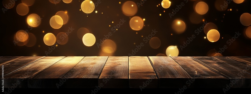 Poster dark wooden table with bokeh lights.