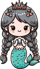 Cute cartoon girl mermaid with long hair, a smiling face