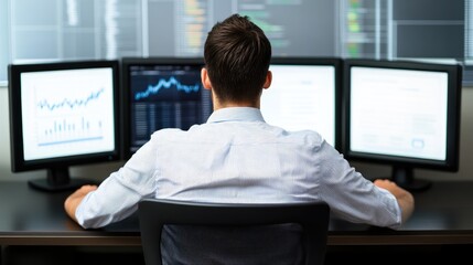 A professional analyzing data on multiple monitors, focusing on financial trends and market analytics.
