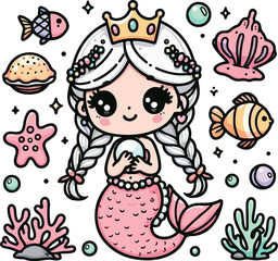 Cute cartoon girl mermaid with long hair, a smiling face