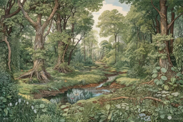 Digital painting of a small river in the forest with trees and plants,.Generative AI
