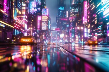Obraz premium Cyberpunk city street at night, rain reflecting neon lights. (3)