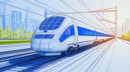 Fototapeta premium Engineer sketching concept. A modern train traveling at high speed through an urban landscape.