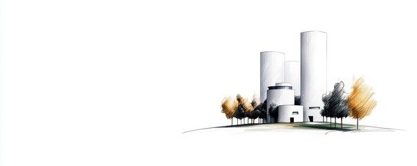 Engineer project idea. A modern architectural design showcasing silos and trees in a minimalistic style.