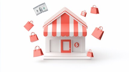 3D rendering of a small shop with shopping bags and money flying around it, symbolizing online sales and e-commerce success.