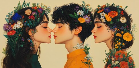 Floral Embrace: A Romantic Trio in Vibrant, Dreamlike Style