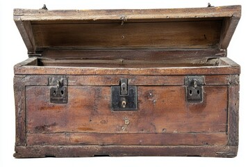 Open antique wooden chest, weathered, showing interior.