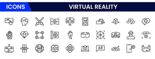 Virtual reality Icons vector illustrations with thin line contain headsets, immersive, avatar, augmented reality, controller, motion tracking, visualization, VR experience, projection.