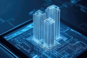 A futuristic digital rendering of skyscrapers on a smart device screen, illustrating advanced architecture and technology.