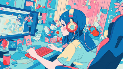 パソコンに向かいながら音楽作成をしている少女のアニメイラスト。日本のアニメーションをイメージして作成されている。古い、平成、昭和、シティポップをモチーフにしている。