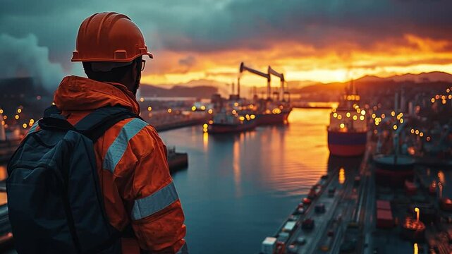 Industrial Sunset: A lone worker in high-visibility gear gazes at a breathtaking sunset over a bustling shipyard, the silhouette of ships and cranes creating a mesmerizing backdrop.