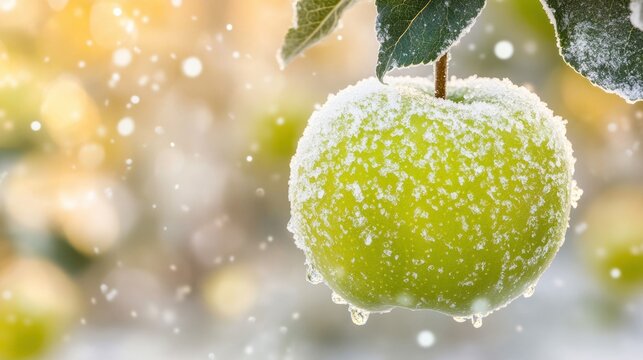 A vibrant green apple is adorned with frost as it hangs from a tree branch in a winter setting, capturing the beauty of the season