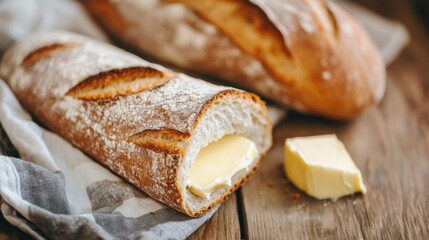 A delightful arrangement of warm bread, spread with fresh butter, placed on a rustic wooden table setting, inviting a cozy dining experience