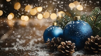 Festive blue Christmas baubles with pine cones and snowfall on wooden surface.