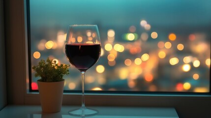 A glass of red wine is placed next to a small plant, offering a cozy view of vibrant city lights against the night sky