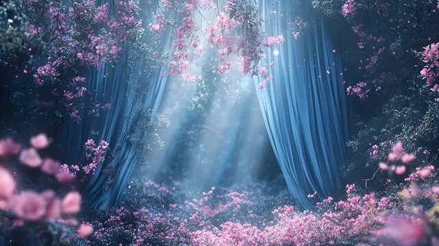 Fairy forest backdrop with pink flowers and blue curtains. Romantic cinematic lighting loop animation background
