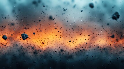 Dust pollution concept. Dramatic scene of dust and particles swirling in the air with a colorful sunset backdrop.