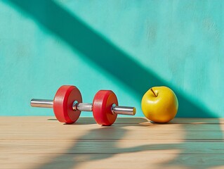 Red dumbbells and yellow apple on wooden surface against teal background. (1)