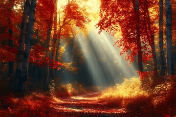 Sunbeams illuminate autumn forest path. (2)
