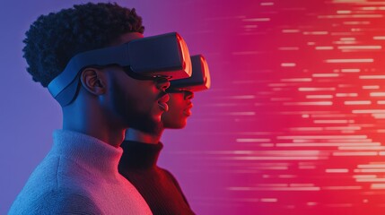 Two individuals wear VR headsets, immersed in a digital world, with vibrant colors and dynamic light patterns in the background.