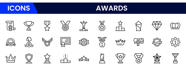 Awards icons trophy, cup, medal, winner, prize, line icons vector illustration on white background stock icons collection