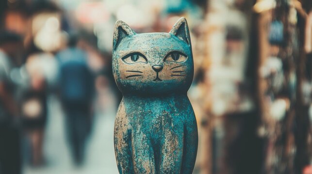A vintage cat statue captures attention in a lively marketplace surrounded by handmade crafts and vibrant shops