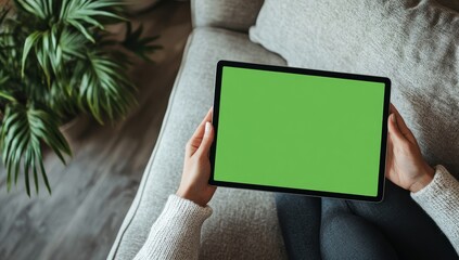 Woman using tablet with green screen on sofa.