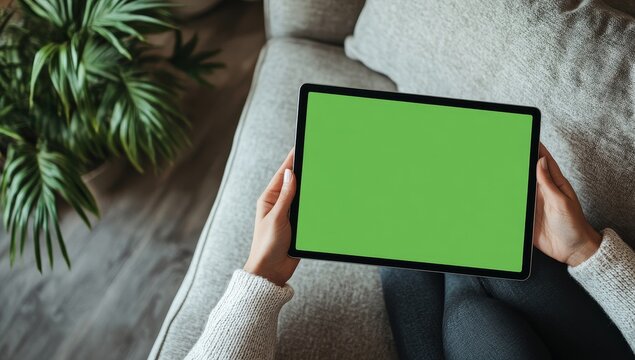 Woman using tablet with green screen on sofa.