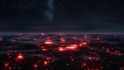 Glowing red particles on dark water under a starry night sky.
