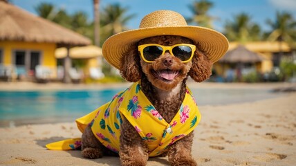 smiling brown toy poodle dog wears hat with summer day traveling yellow background