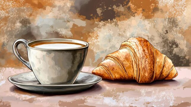 Warm cup of coffee and a freshly baked croissant on a rustic table with an artistic background