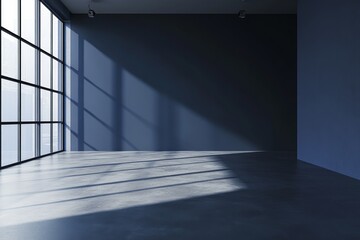 Obraz premium Sunlit empty modern room with large window and dark blue walls.