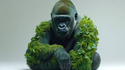 Fototapeta premium Gorilla sits, covered in lush green foliage.
