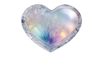 A frosted crystal heart resembling ice, with soft rainbow hues reflecting off its surface, on a white transparent background PNG
