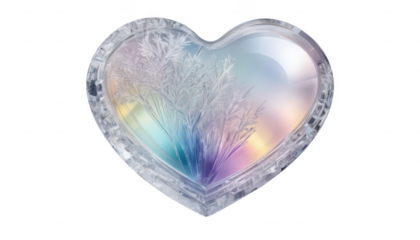 A frosted crystal heart resembling ice, with soft rainbow hues reflecting off its surface, on a white transparent background PNG