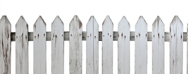 Fototapeta premium Weathered white picket fence isolated on white background. (3)